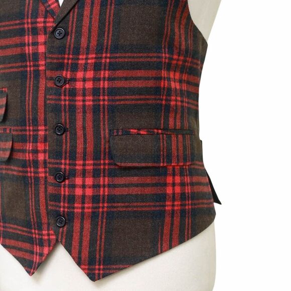 Mens Plaid Vest 44R Red Brown Wool Waistcoat XL Formal Wedding Groom Prom Party - Picture 6 of 9